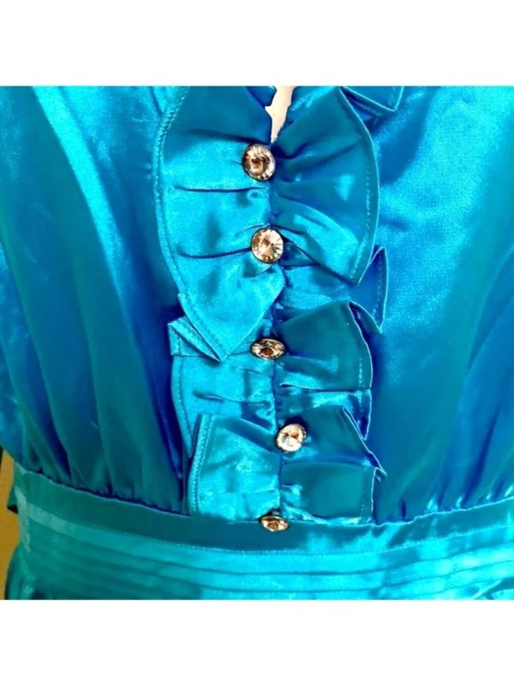 Finesse 2XL Turquoise Satin Tunic Top Rhinestone Ruffle Glamcore Party Retro Y2K - Picture 6 of 7